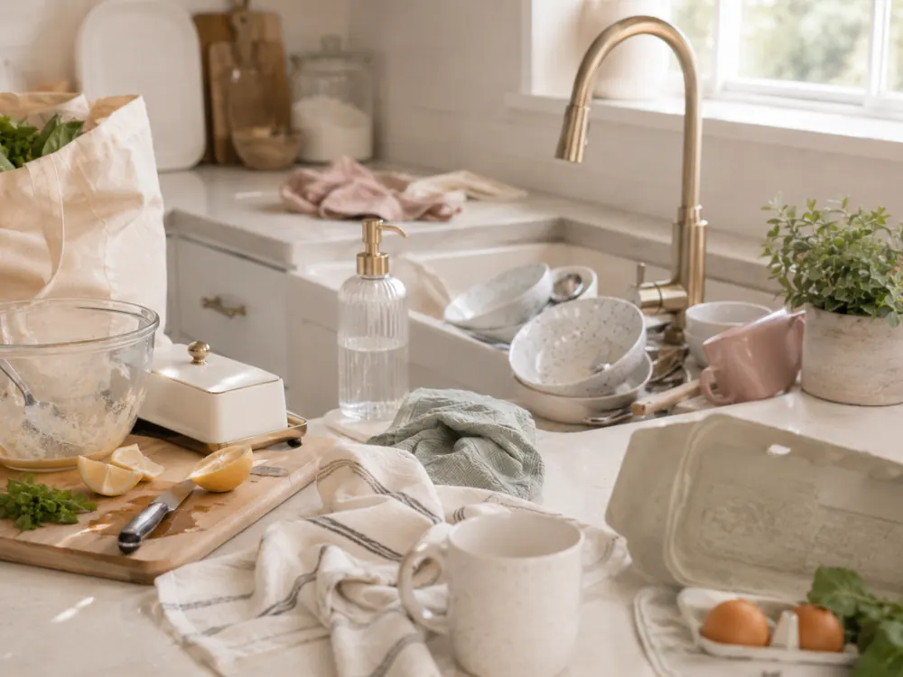 Messy kitchen with dishes and unfinished chores