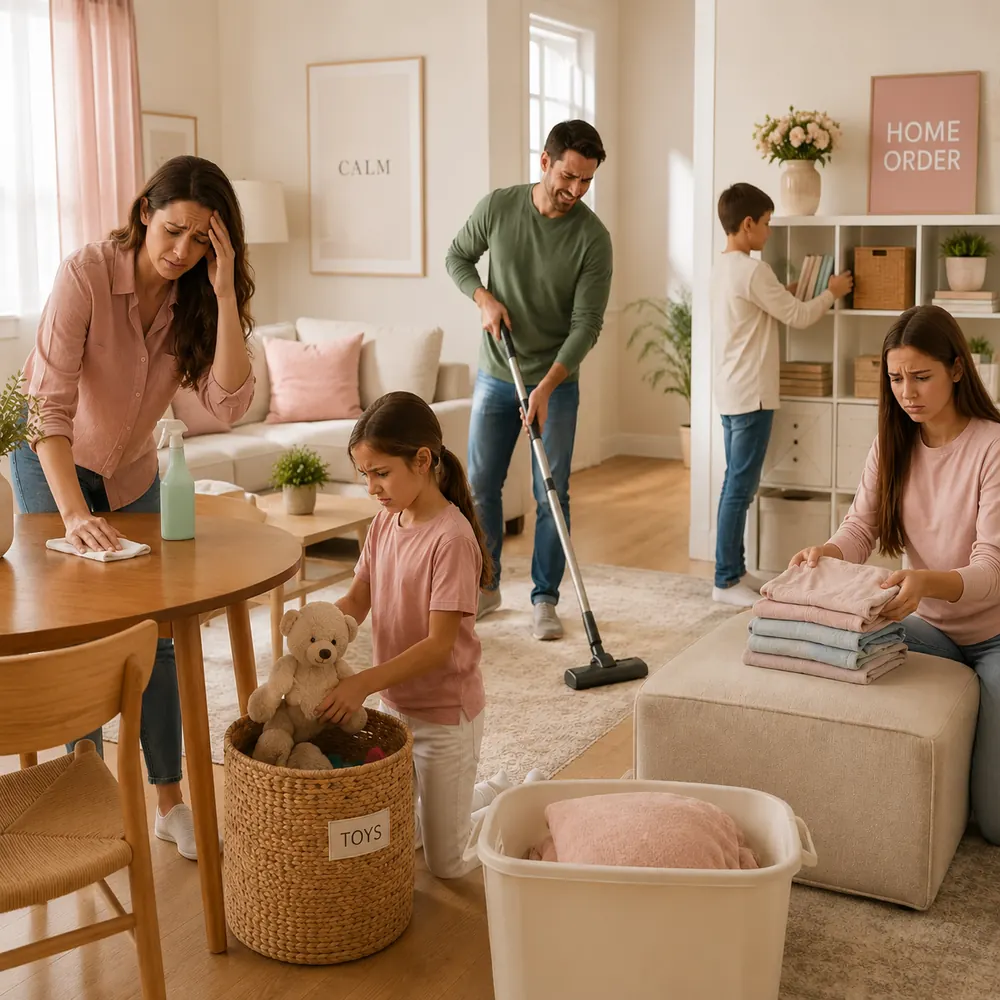Overwhelmed family doing household chores at the same time